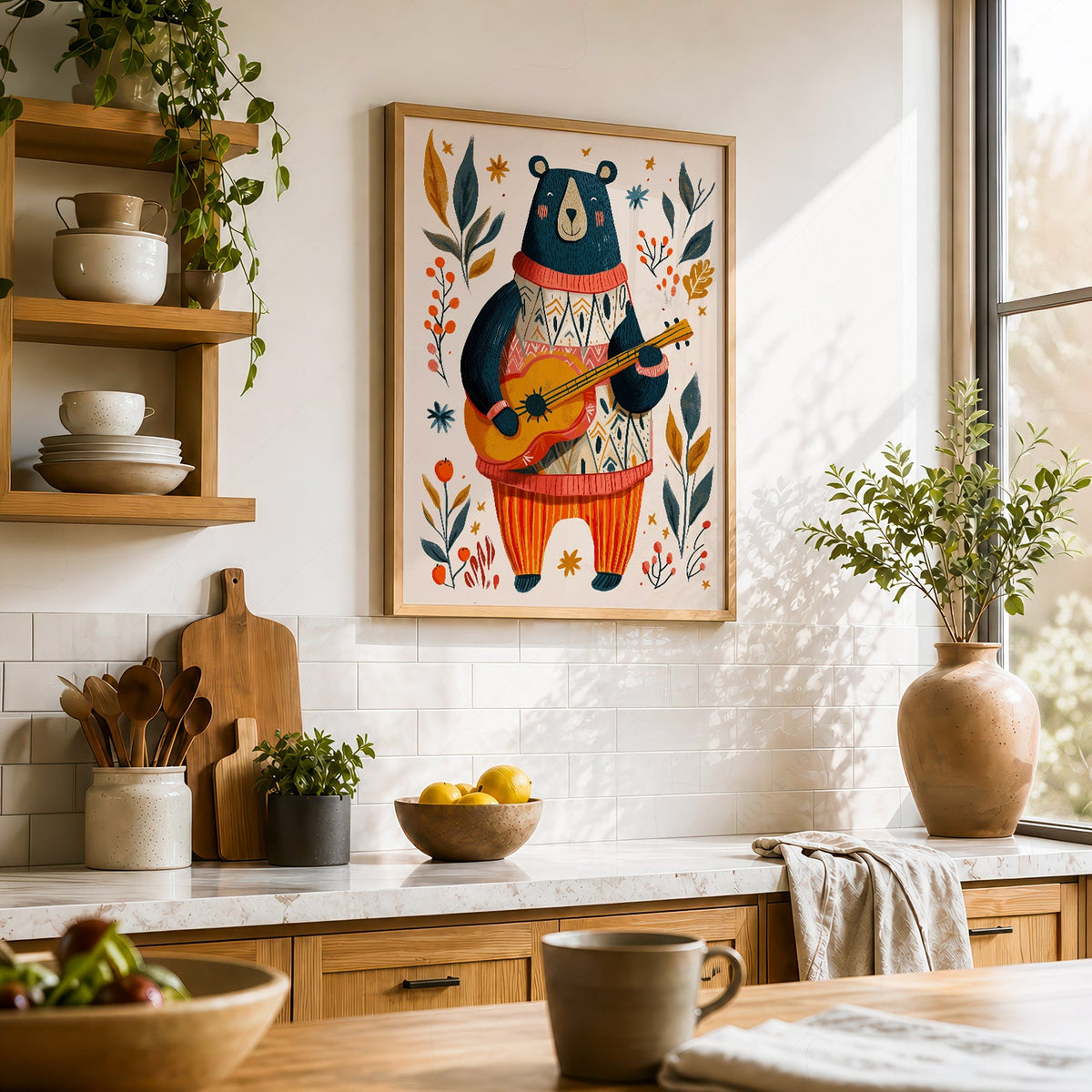 Whimsical Bear Playing Guitar Art Print – Folk Style Nursery Wall Decor