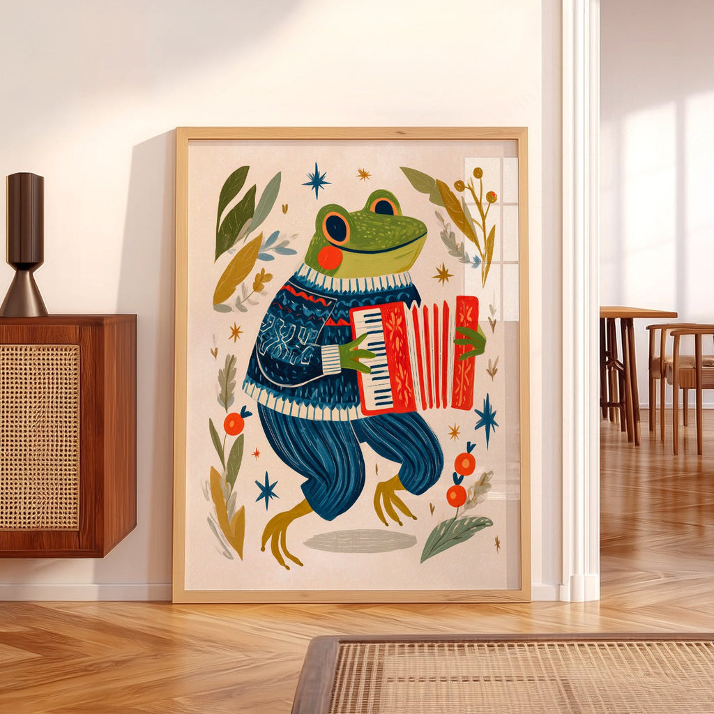 Accordion Frog Nursery Art Print – Whimsical Kids Room Wall Decor