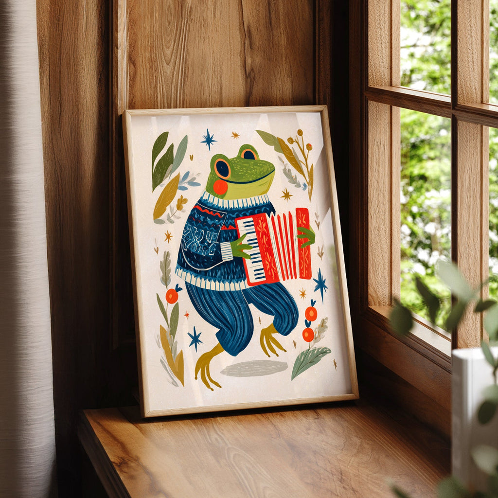 Accordion Frog Nursery Art Print – Whimsical Kids Room Wall Decor
