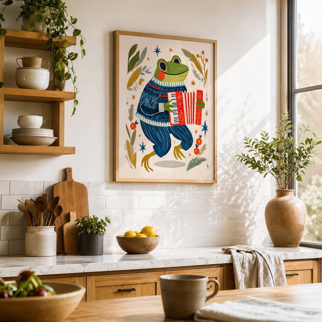 Accordion Frog Nursery Art Print – Whimsical Kids Room Wall Decor