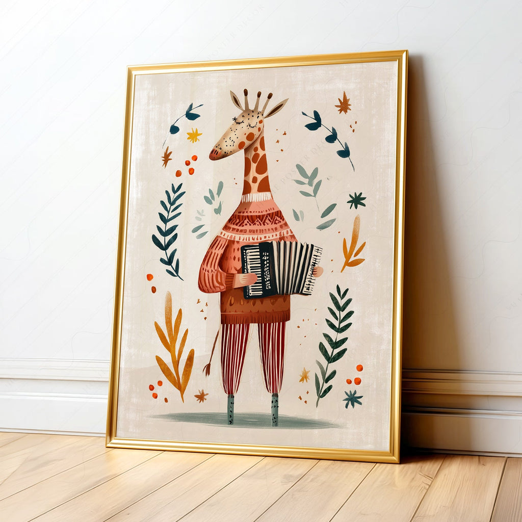 Musical Giraffe Accordion Art Print – Whimsical Nursery Wall Decor