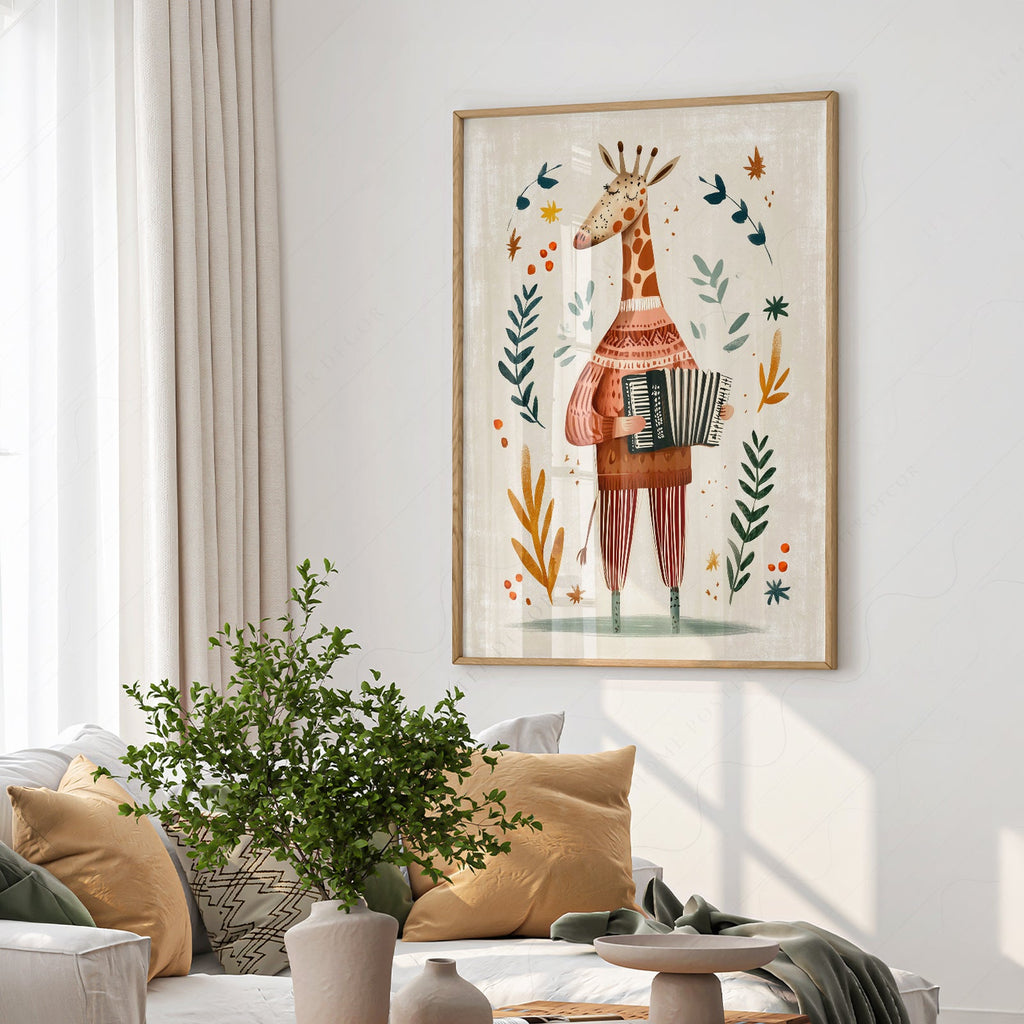 Musical Giraffe Accordion Art Print – Whimsical Nursery Wall Decor