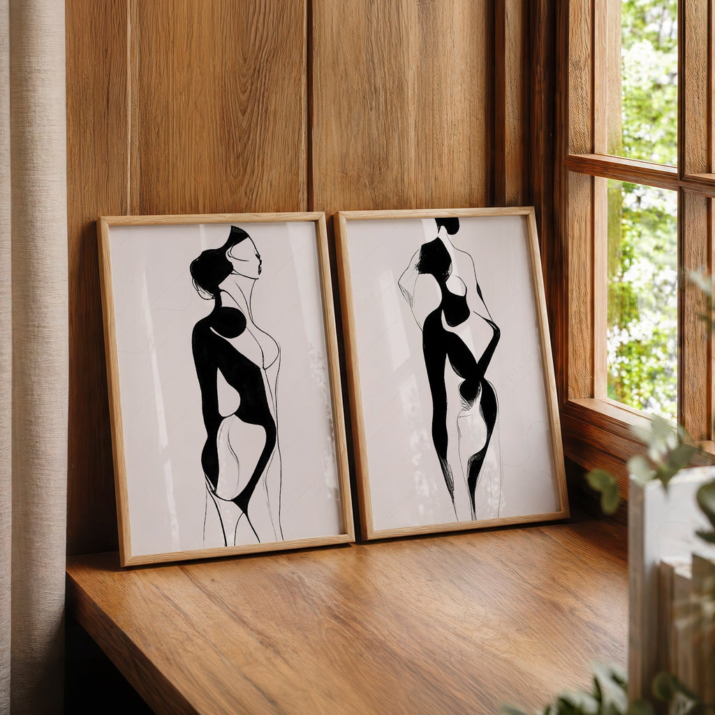 Ensemble d'impressions minimalistes silhouette féminine – Art mural moderne noir et blanc