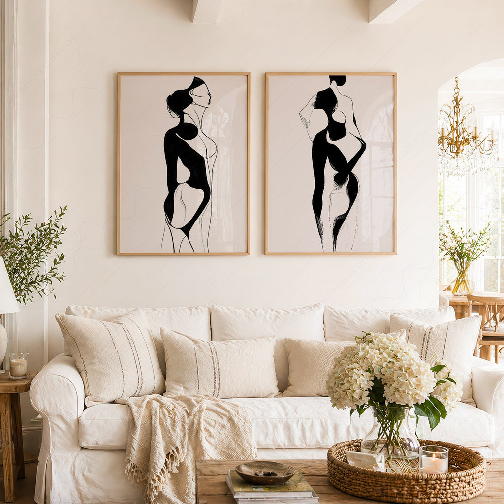 Ensemble d'impressions minimalistes silhouette féminine – Art mural moderne noir et blanc