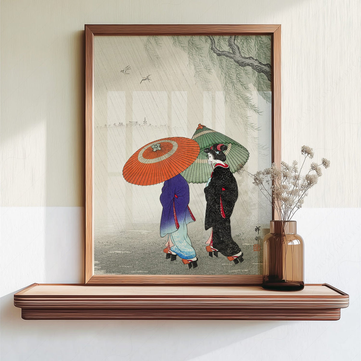 Illustration Ohara Koson Deux femmes sous la pluie – Affiche gravure japonaise sur bois