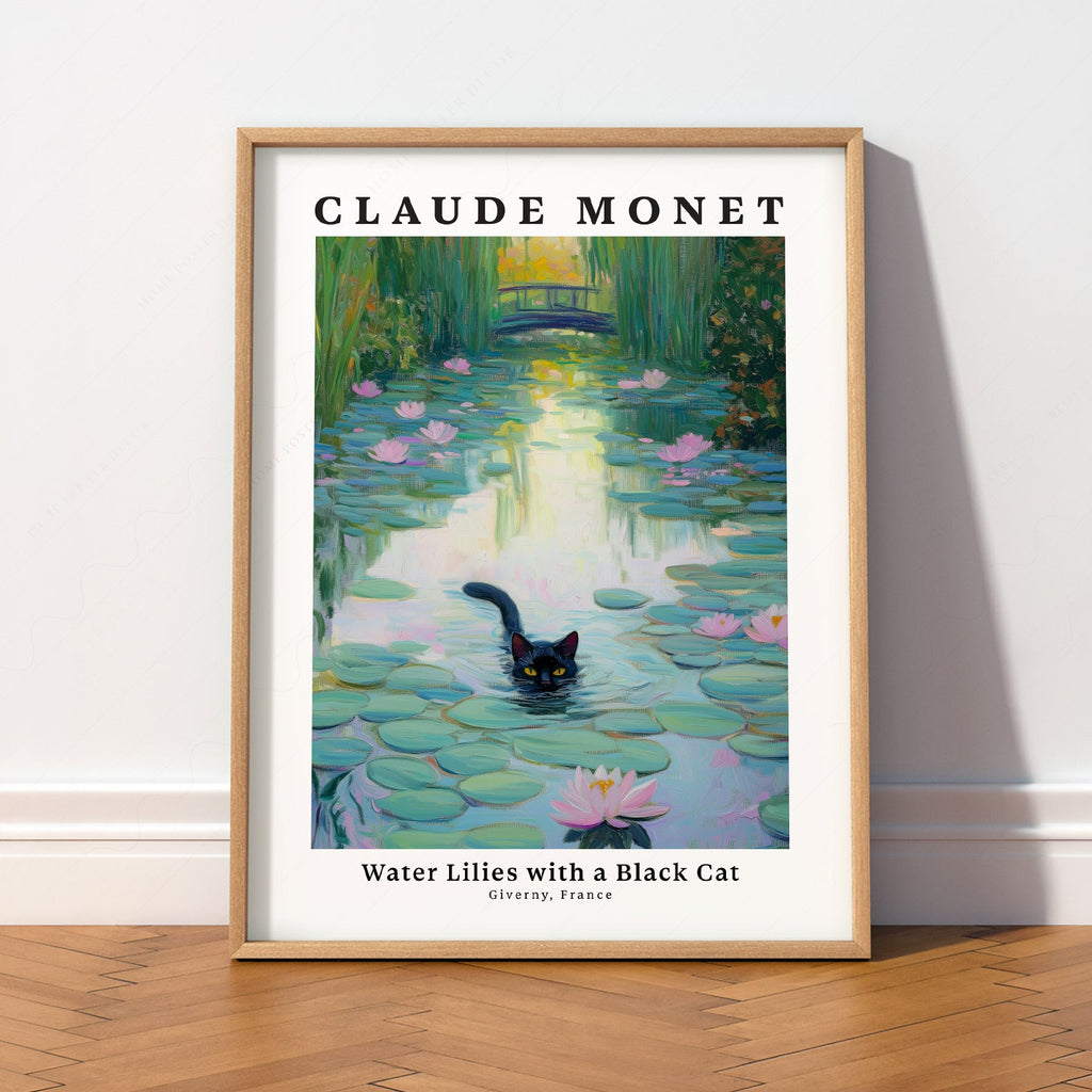 Claude Monet Water Lilies with Black Cat Print – Funny Cat Wall Art