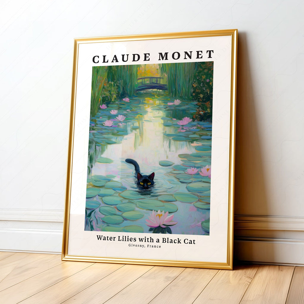 Claude Monet Water Lilies with Black Cat Print – Funny Cat Wall Art