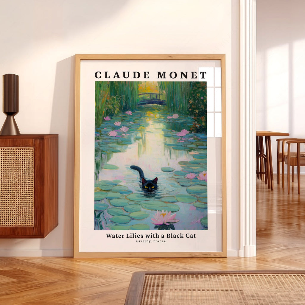 Claude Monet Water Lilies with Black Cat Print – Funny Cat Wall Art