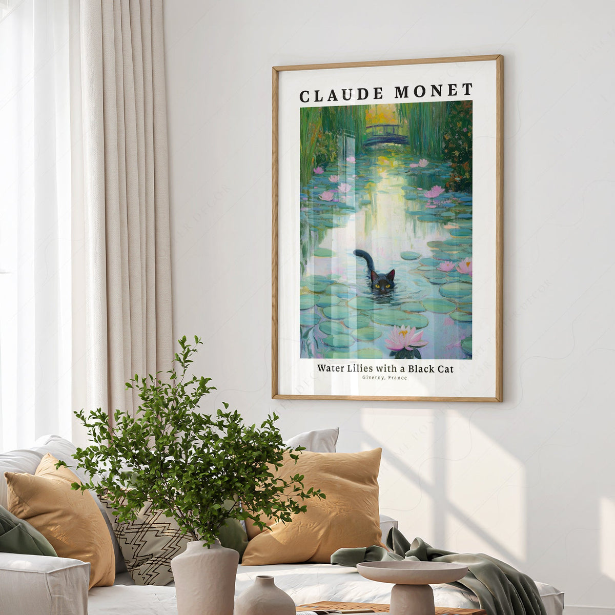 Claude Monet Water Lilies with Black Cat Print – Funny Cat Wall Art