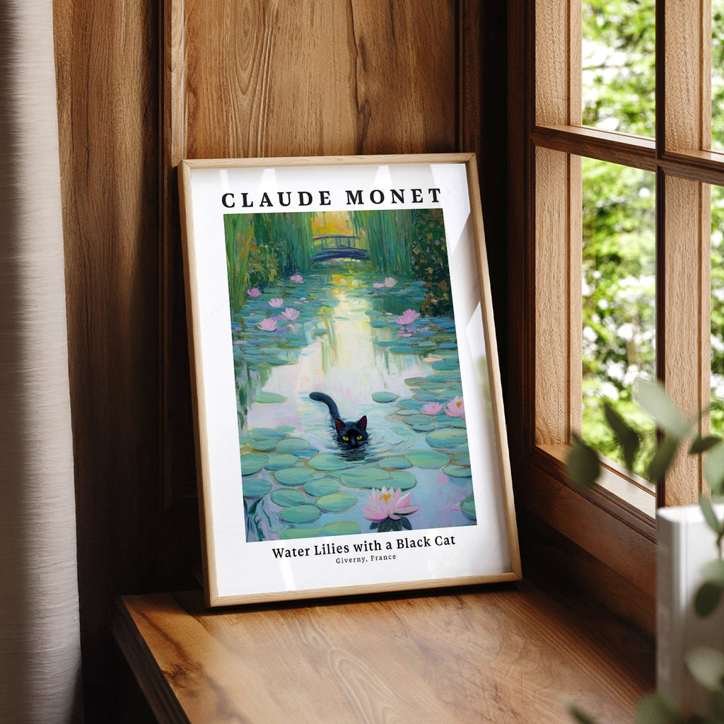 Claude Monet Water Lilies with Black Cat Print – Funny Cat Wall Art