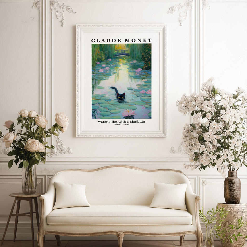 Claude Monet Water Lilies with Black Cat Print – Funny Cat Wall Art