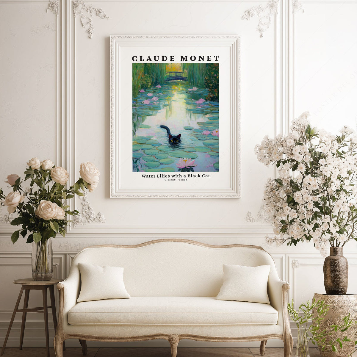 Claude Monet Water Lilies with Black Cat Print – Funny Cat Wall Art