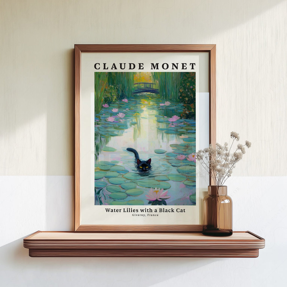 Claude Monet Water Lilies with Black Cat Print – Funny Cat Wall Art