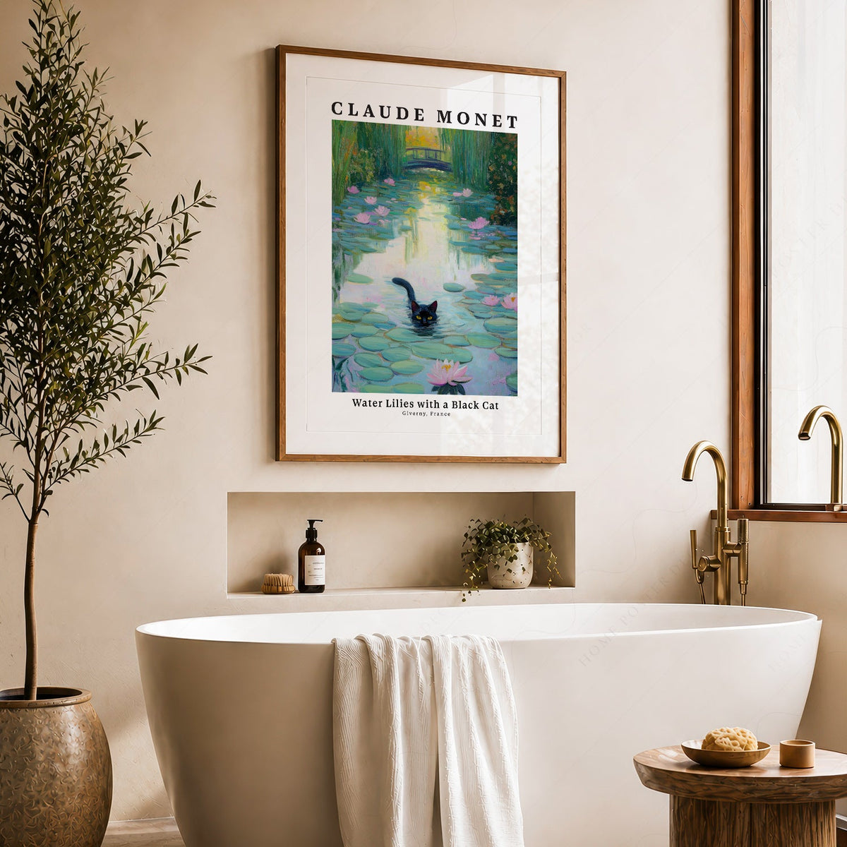 Claude Monet Water Lilies with Black Cat Print – Funny Cat Wall Art
