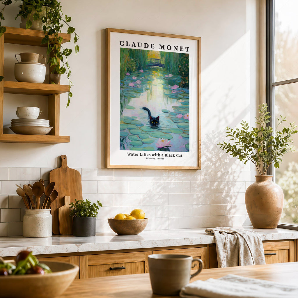 Claude Monet Water Lilies with Black Cat Print – Funny Cat Wall Art