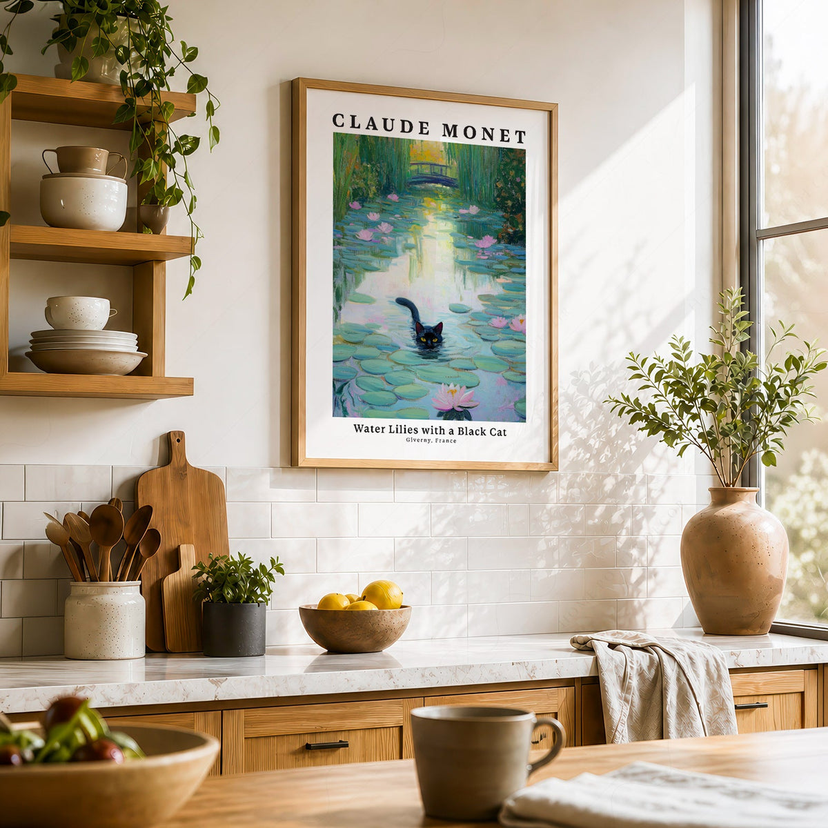 Claude Monet Water Lilies with Black Cat Print – Funny Cat Wall Art