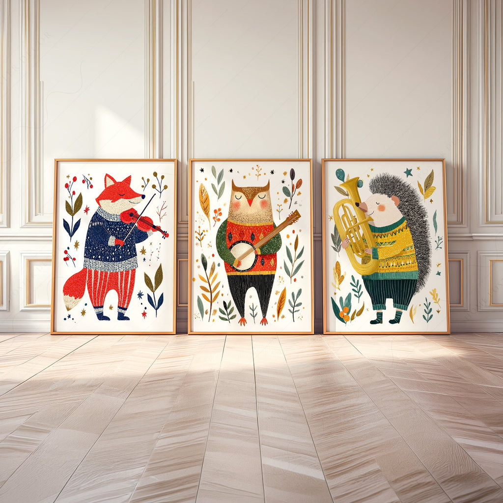 Woodland Animal Musician Print Set of 3 – Whimsical Nursery Wall Art
