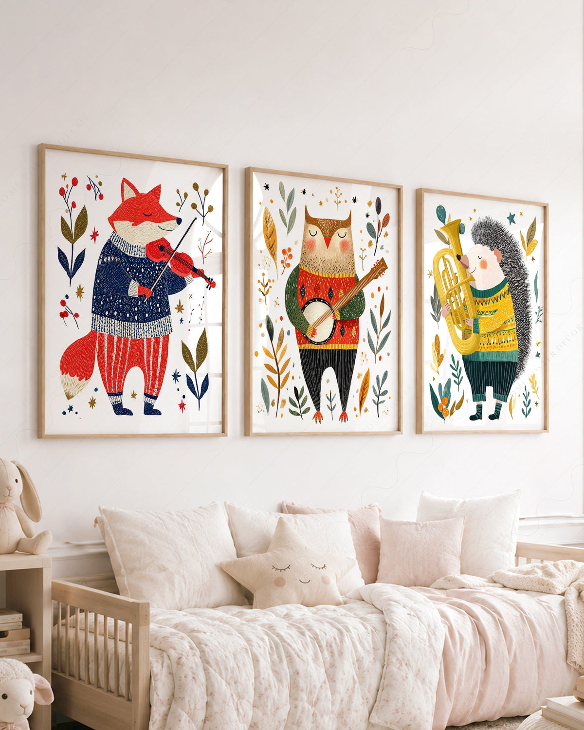 Woodland Animal Musician Print Set of 3 – Whimsical Nursery Wall Art