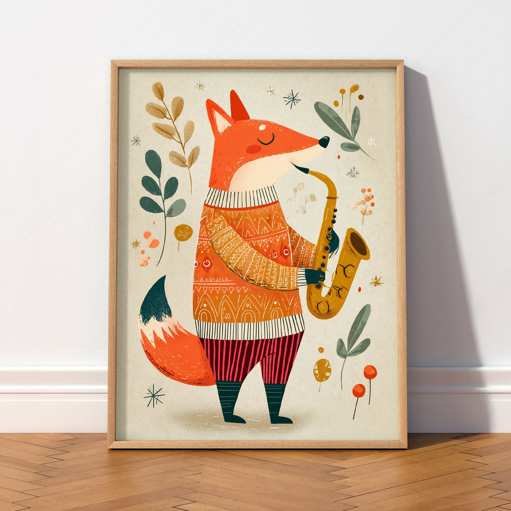 Saxophone Fox Art Print – Whimsical Nursery Wall Art Poster