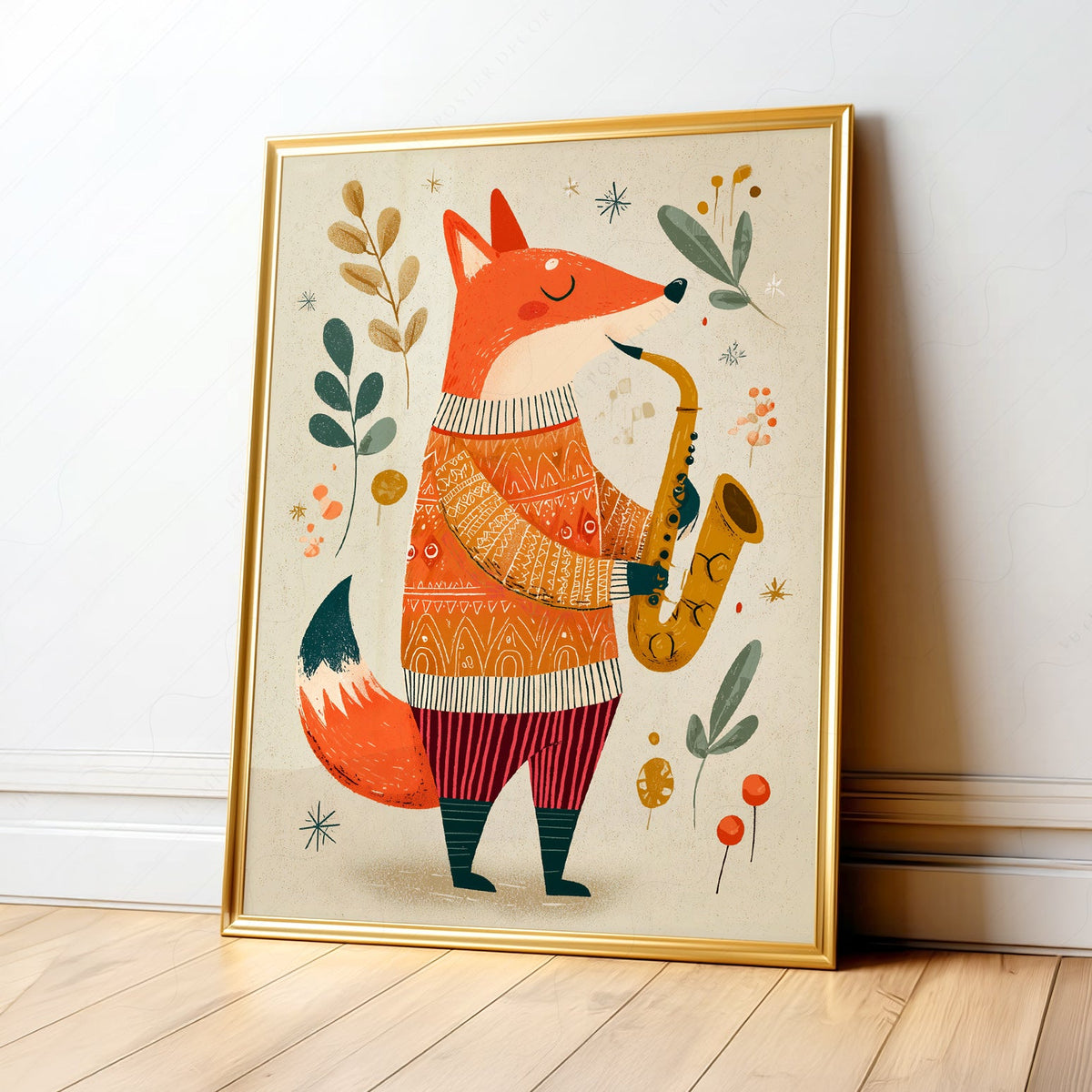 Saxophone Fox Art Print – Whimsical Nursery Wall Art Poster
