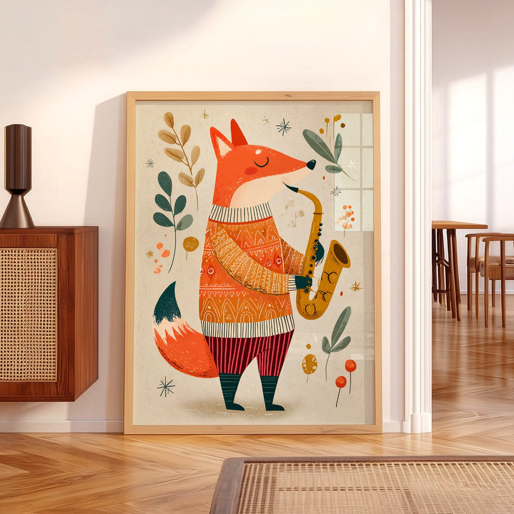 Saxophone Fox Art Print – Whimsical Nursery Wall Art Poster