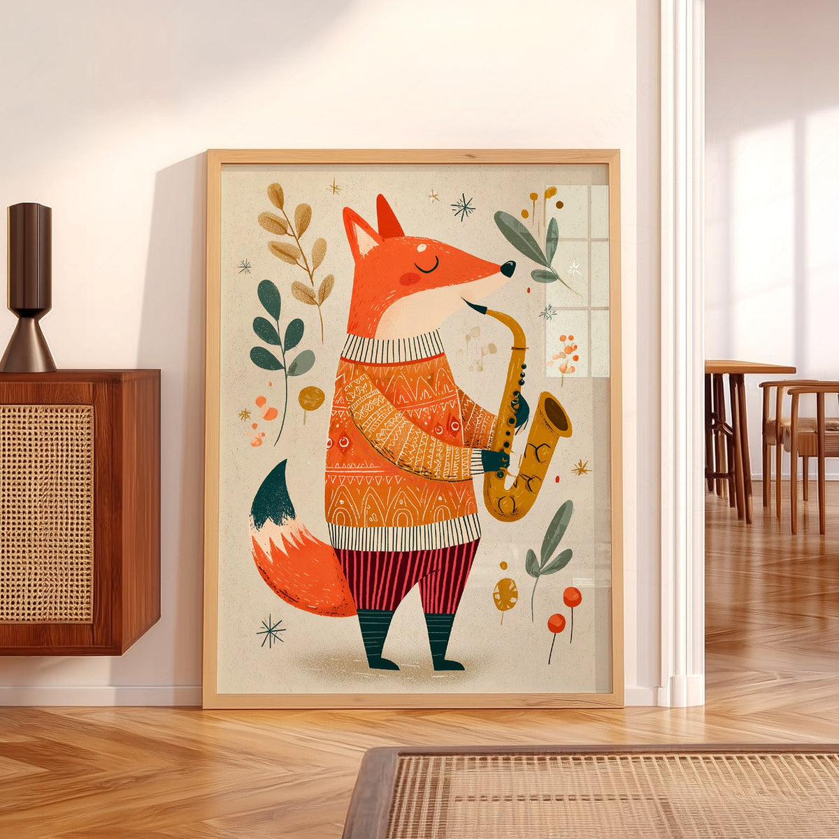 Saxophone Fox Art Print – Whimsical Nursery Wall Art Poster