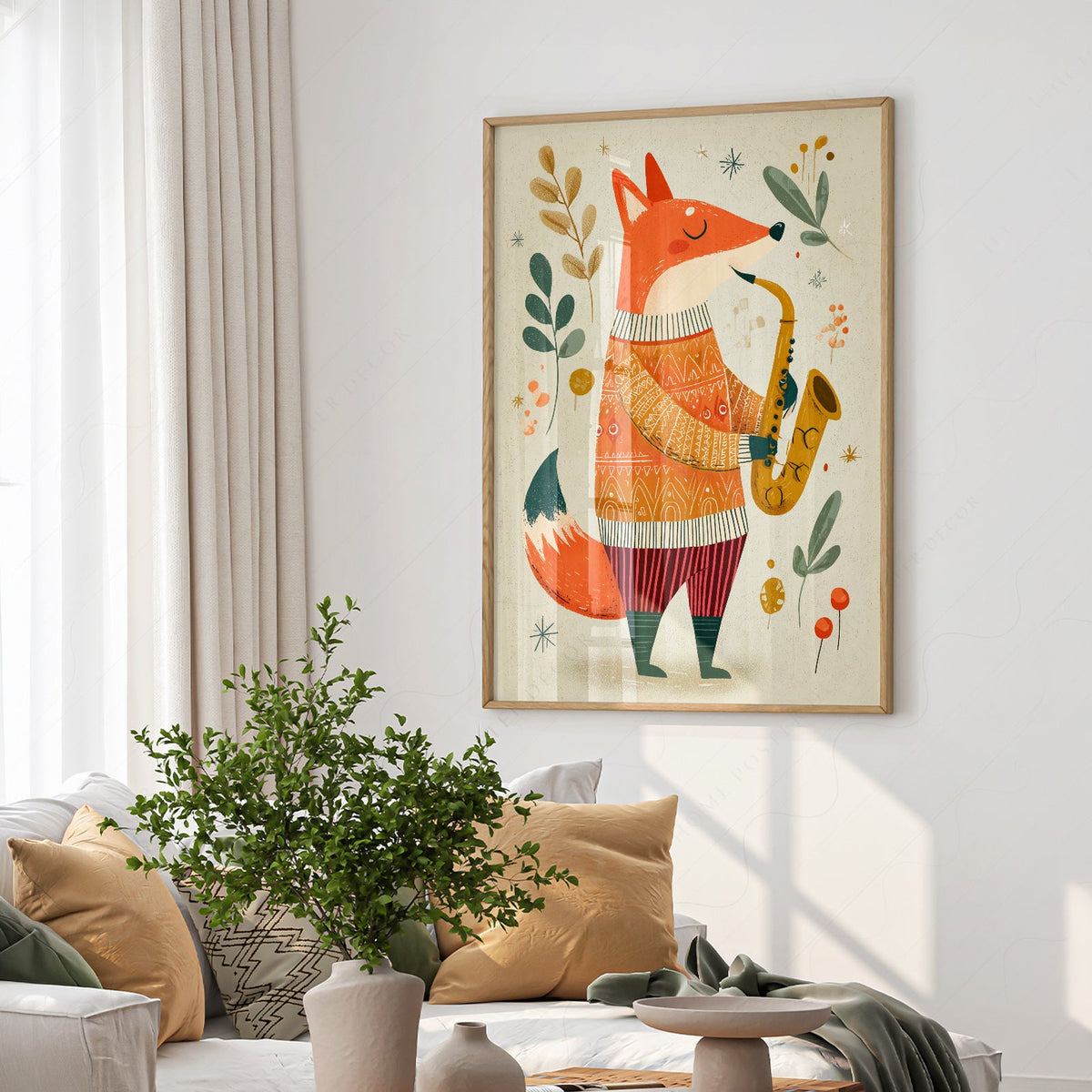 Saxophone Fox Art Print – Whimsical Nursery Wall Art Poster