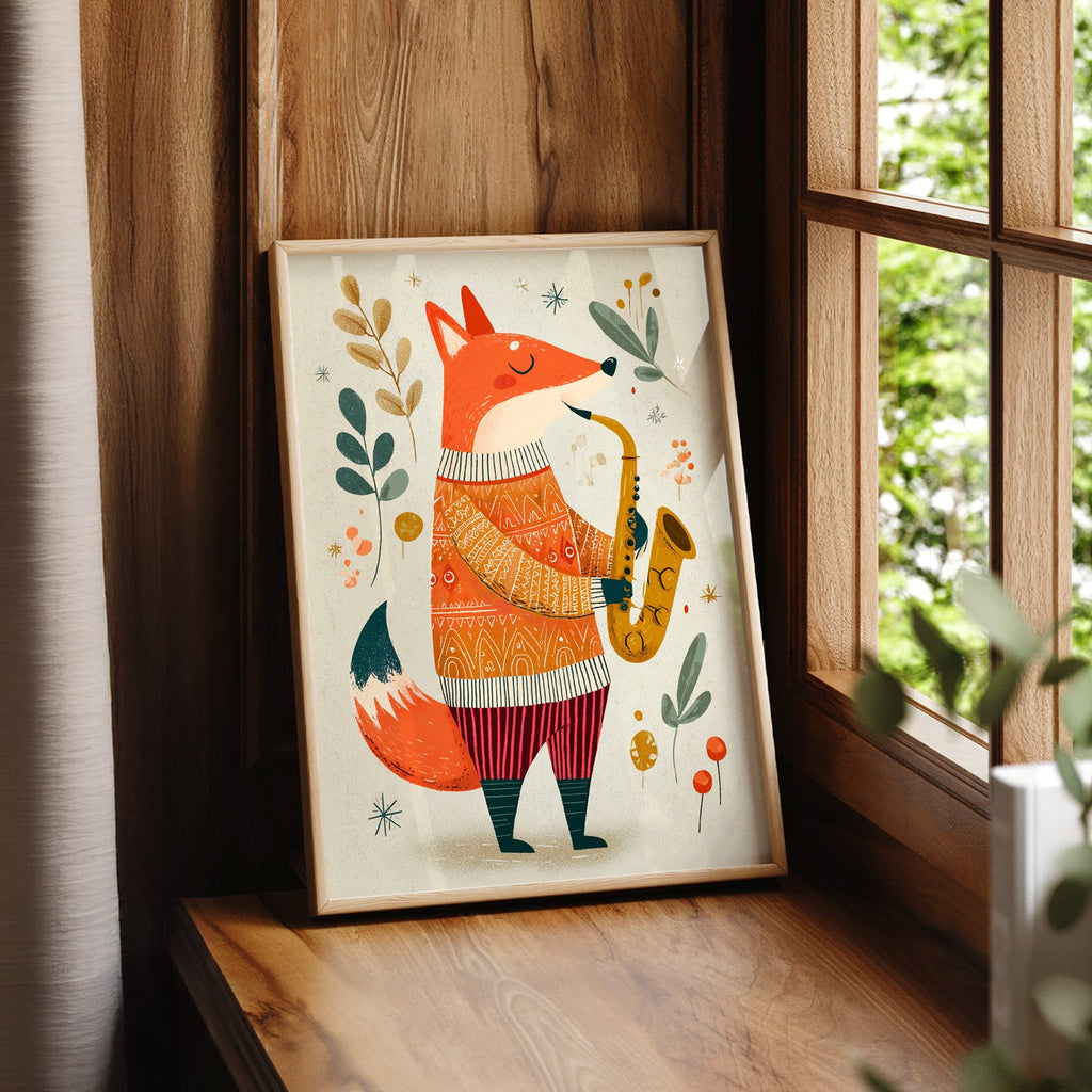 Saxophone Fox Art Print – Whimsical Nursery Wall Art Poster
