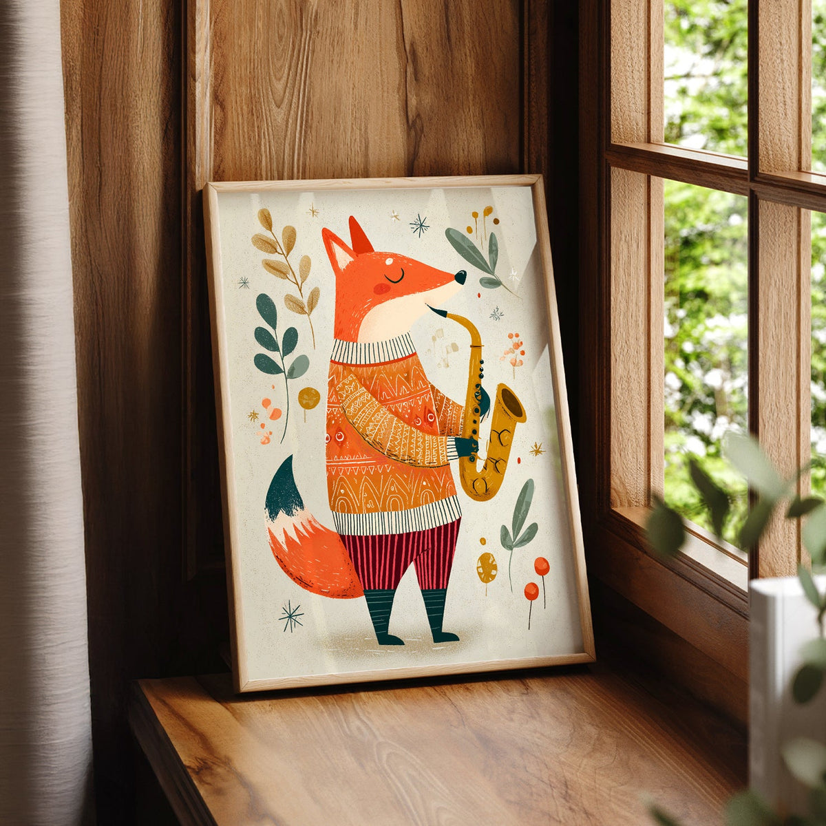 Saxophone Fox Art Print – Whimsical Nursery Wall Art Poster