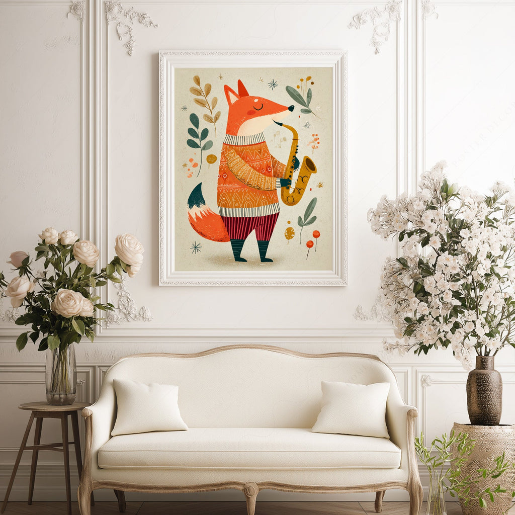 Saxophone Fox Art Print – Whimsical Nursery Wall Art Poster