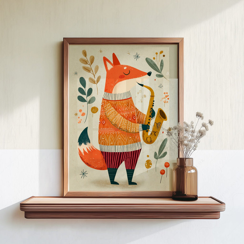 Saxophone Fox Art Print – Whimsical Nursery Wall Art Poster