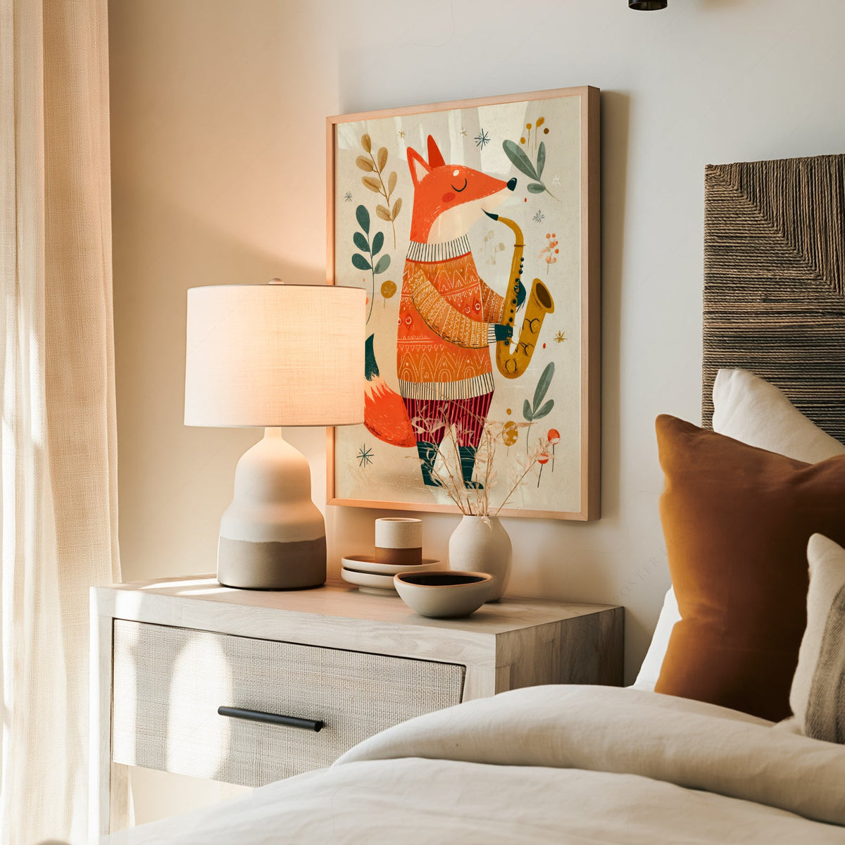 Saxophone Fox Art Print – Whimsical Nursery Wall Art Poster