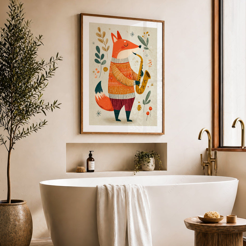 Saxophone Fox Art Print – Whimsical Nursery Wall Art Poster