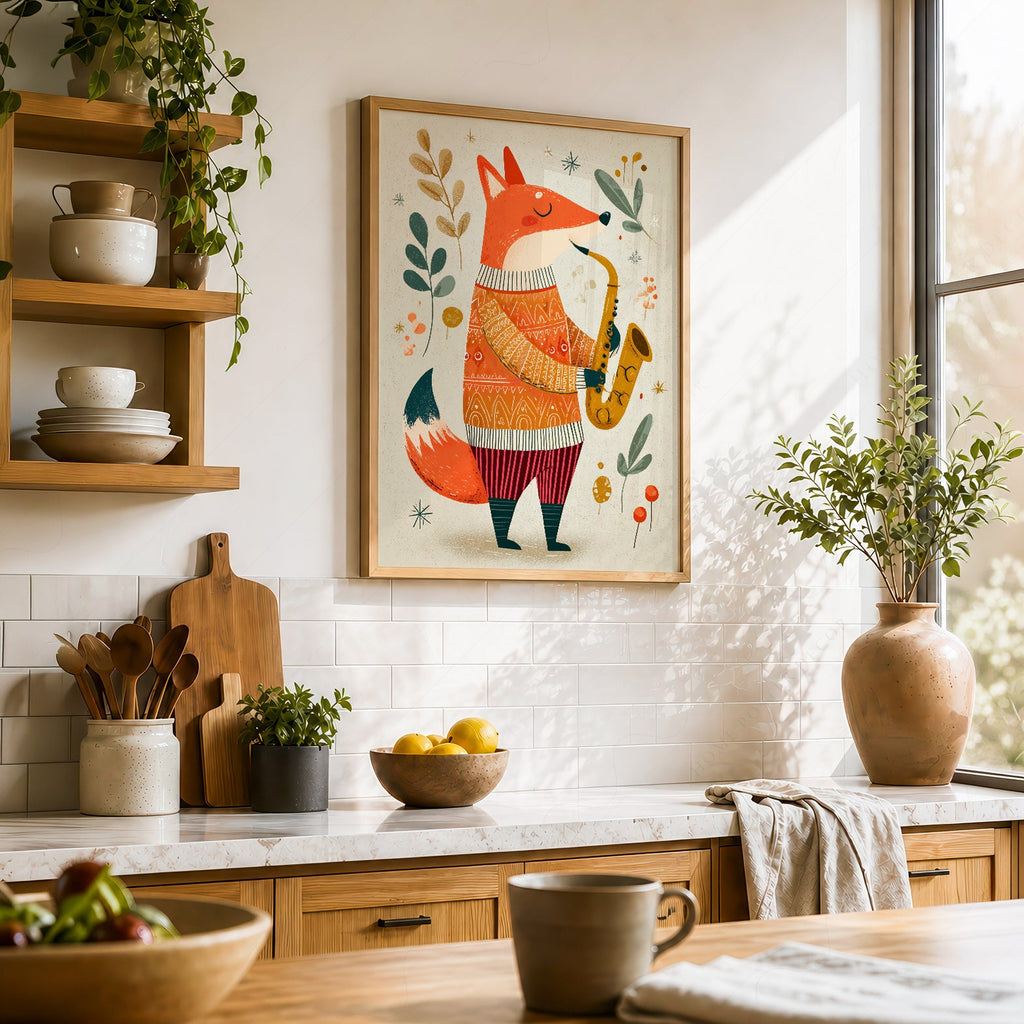 Saxophone Fox Art Print – Whimsical Nursery Wall Art Poster