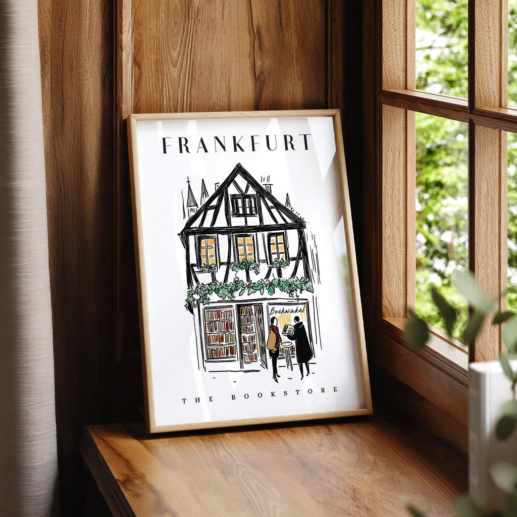 Frankfurt Bookstore Illustration Print – European City Wall Art Poster