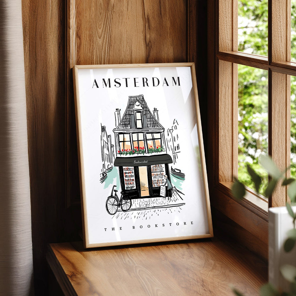 Amsterdam Bookstore Art Print – Charming Dutch Bookshop Wall Poster