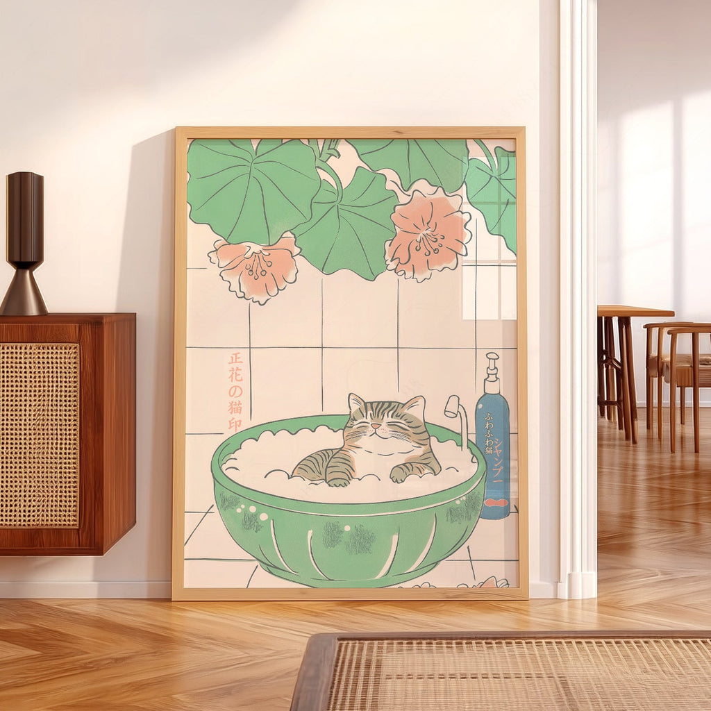 Japanese Cat Bubble Bath Print – Japandi Zen Wall Art Poster