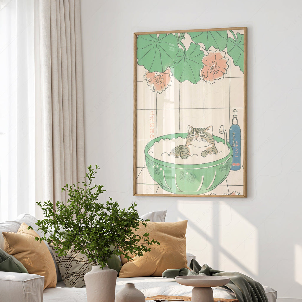 Japanese Cat Bubble Bath Print – Japandi Zen Wall Art Poster