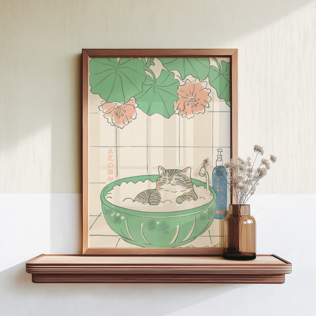 Japanese Cat Bubble Bath Print – Japandi Zen Wall Art Poster