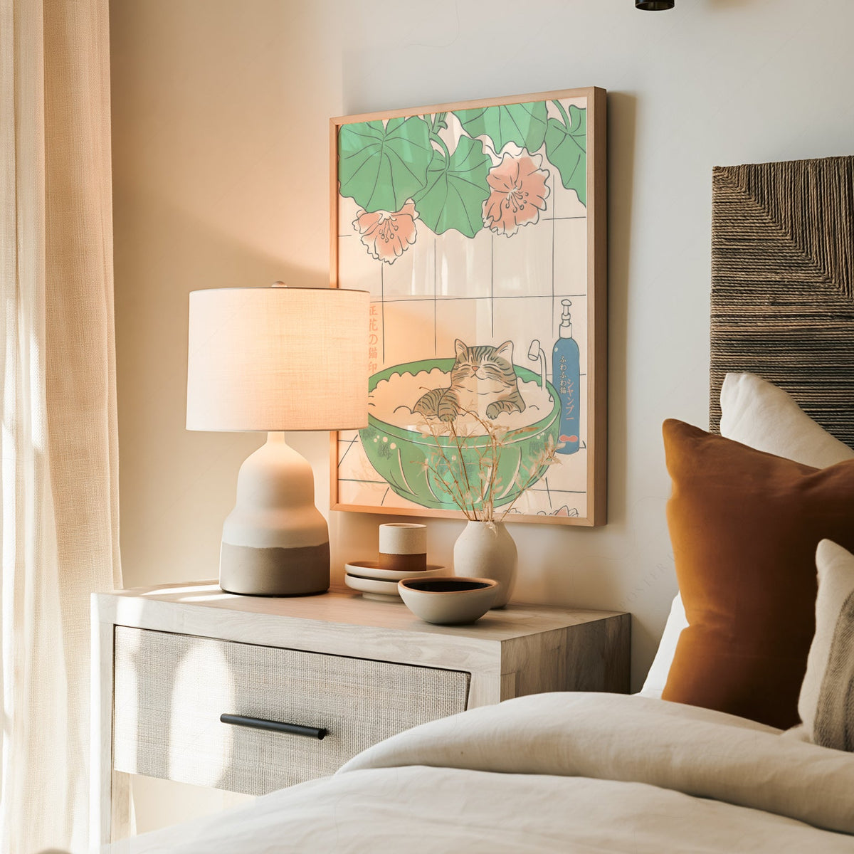 Japanese Cat Bubble Bath Print – Japandi Zen Wall Art Poster