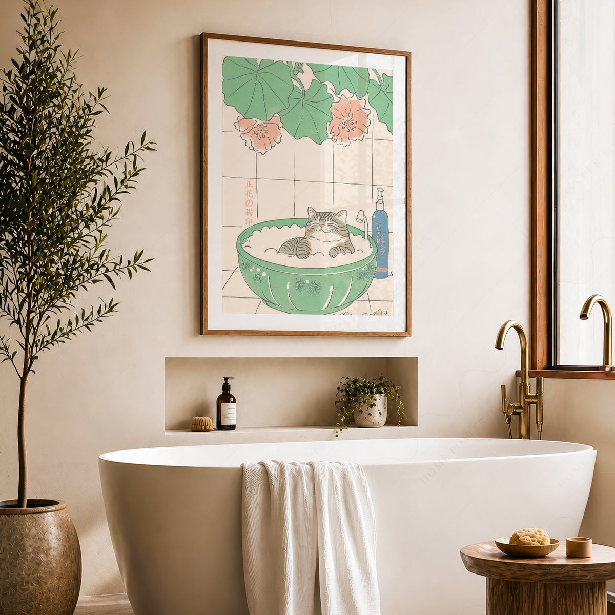 Japanese Cat Bubble Bath Print – Japandi Zen Wall Art Poster
