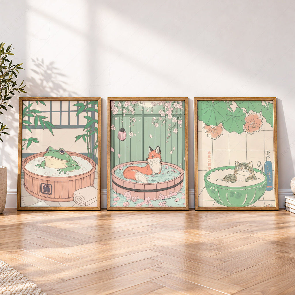 Ensemble d'impressions Animaux au spa japonais – Décor mural chat renard grenouille pour chambre d'enfant