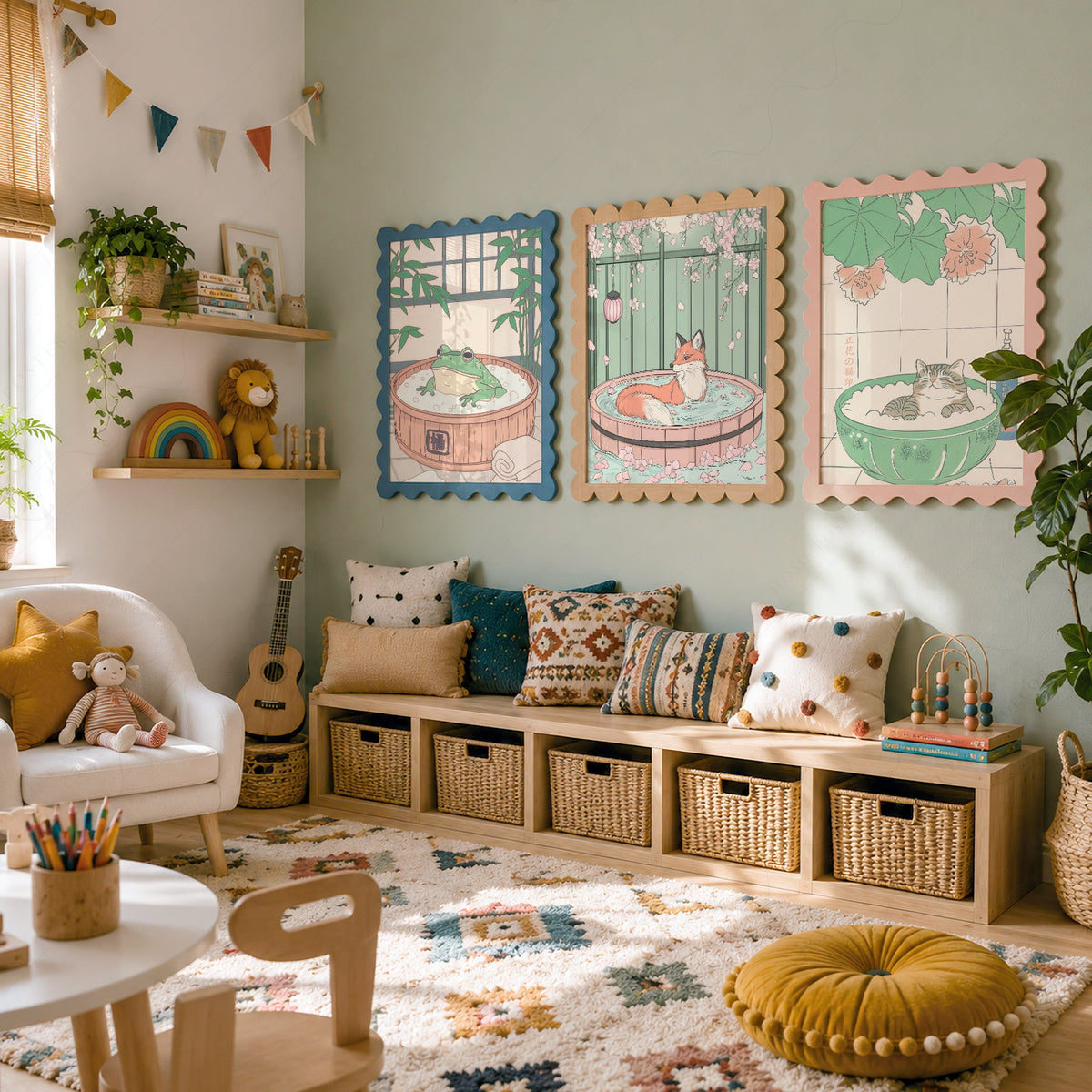 Ensemble d'impressions Animaux au spa japonais – Décor mural chat renard grenouille pour chambre d'enfant