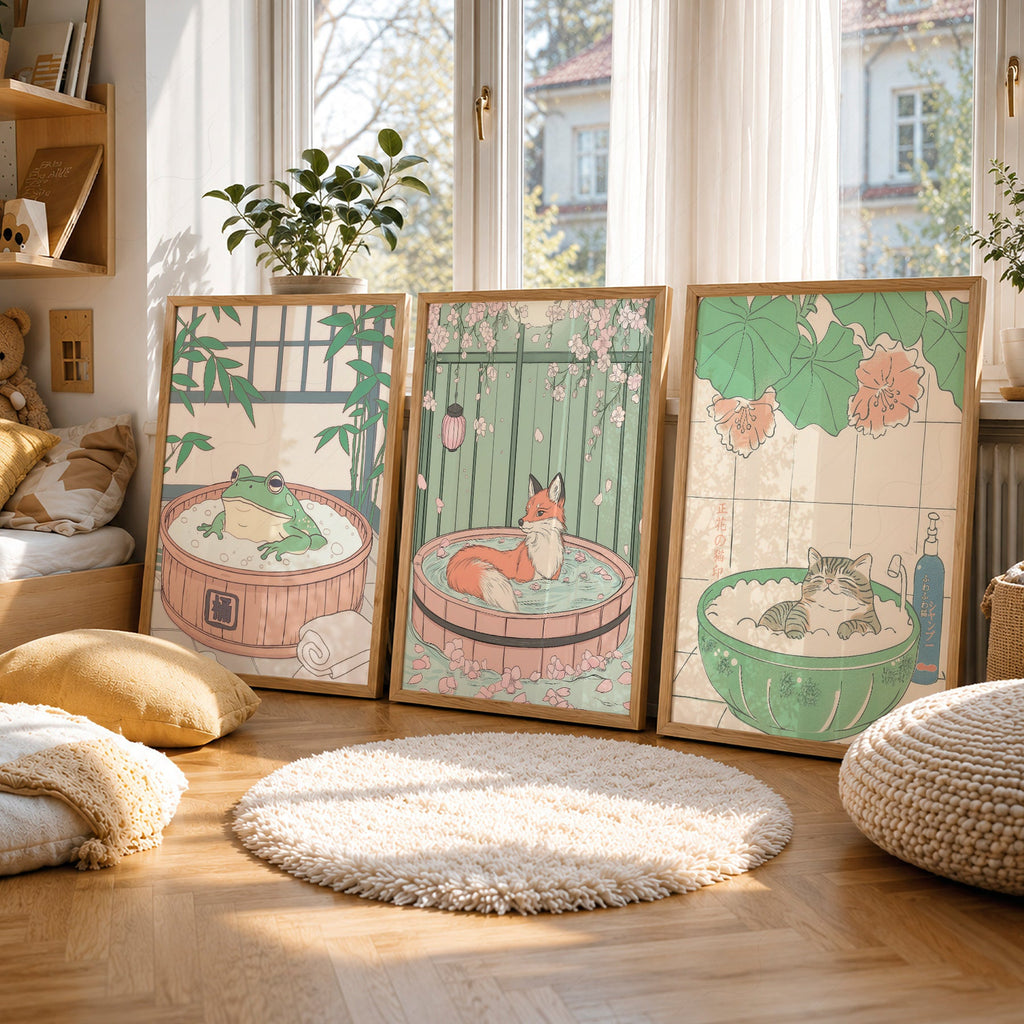 Ensemble d'impressions Animaux au spa japonais – Décor mural chat renard grenouille pour chambre d'enfant