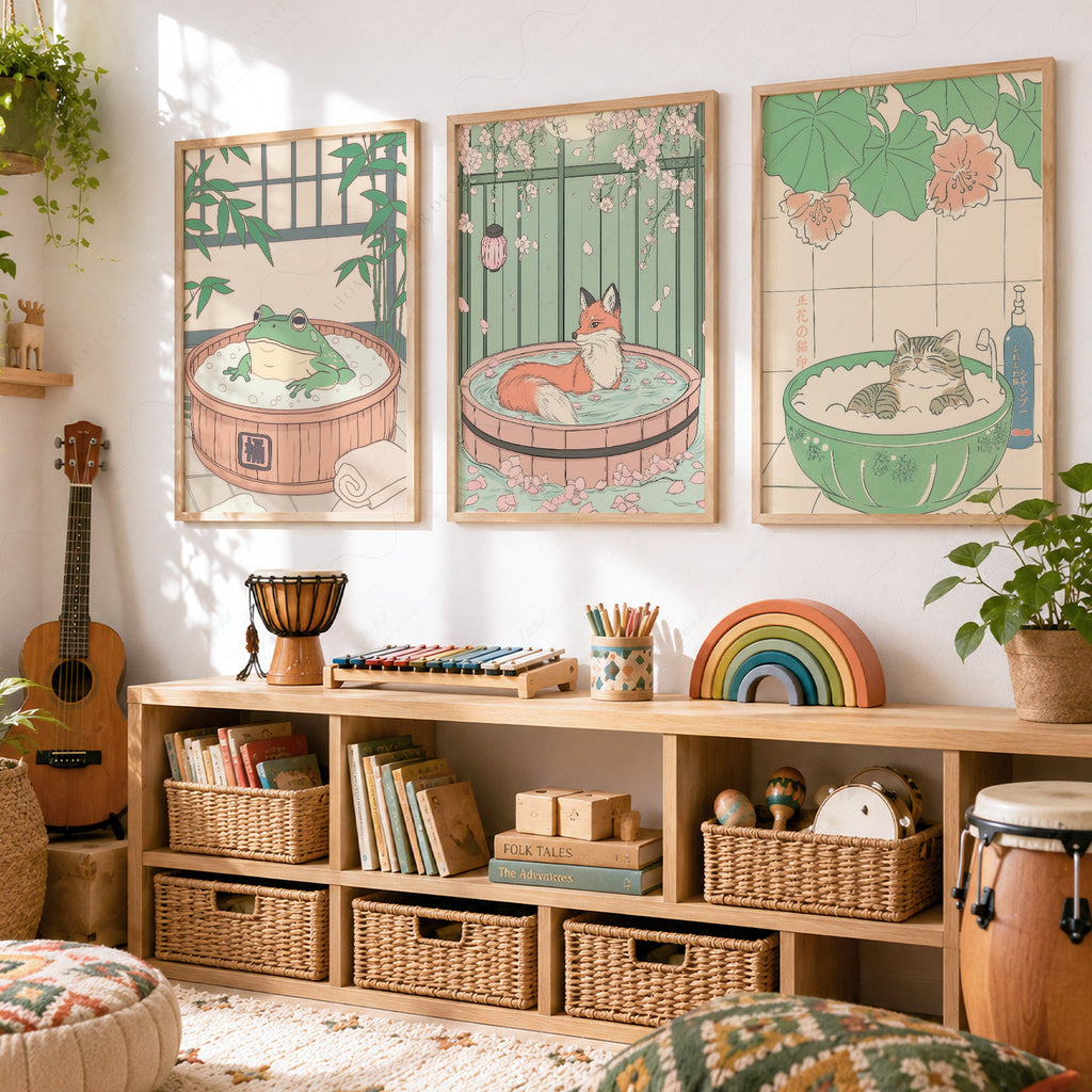 Ensemble d'impressions Animaux au spa japonais – Décor mural chat renard grenouille pour chambre d'enfant