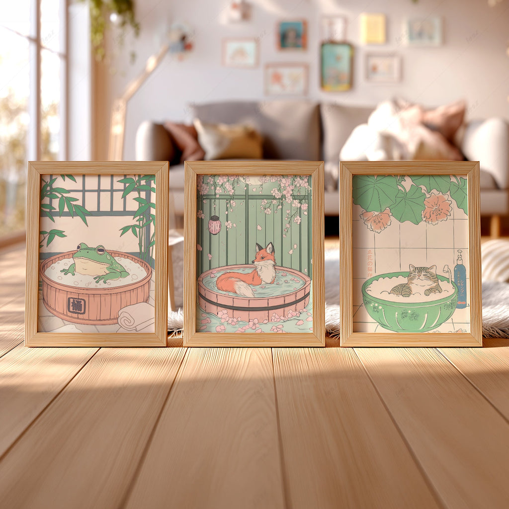 Ensemble d'impressions Animaux au spa japonais – Décor mural chat renard grenouille pour chambre d'enfant