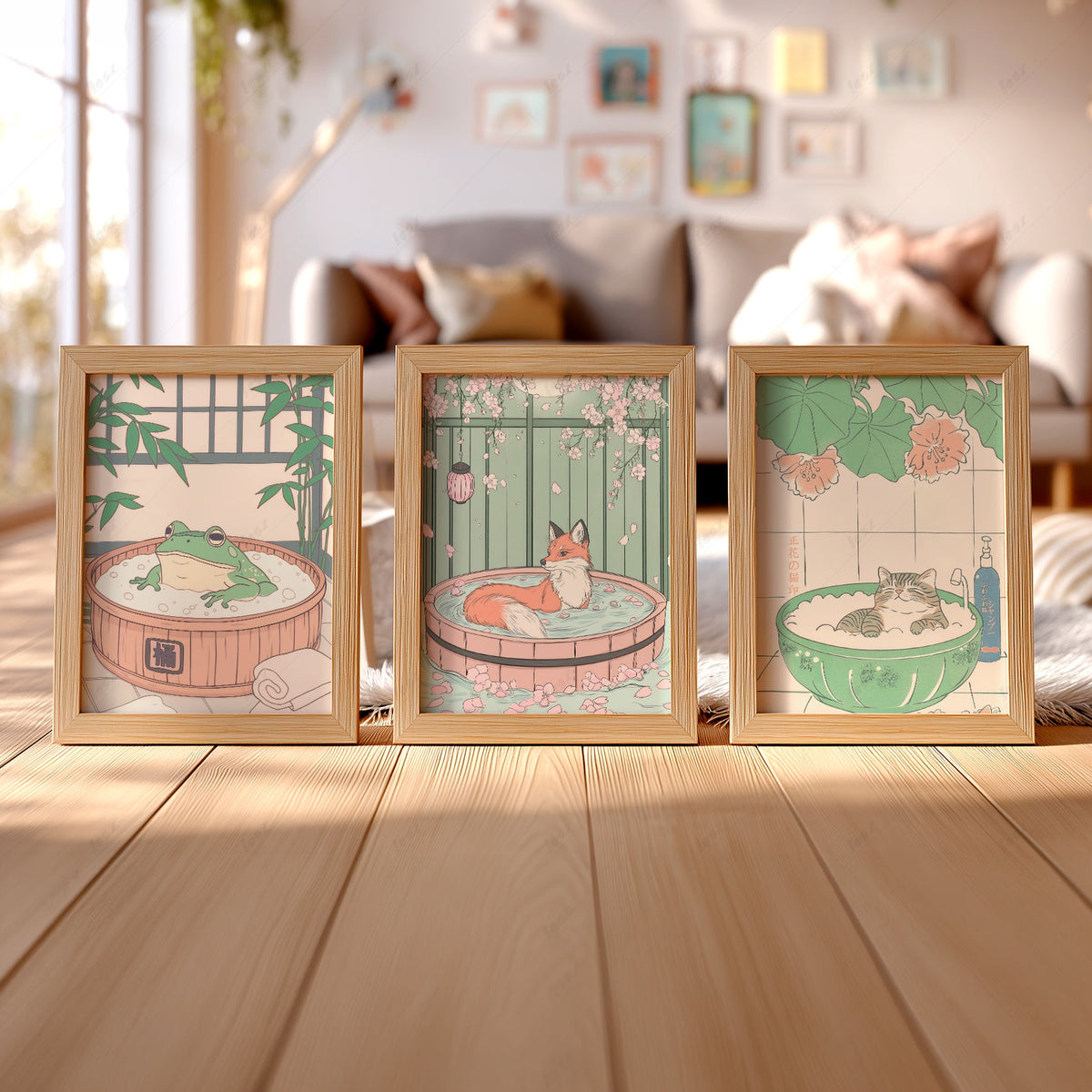 Ensemble d'impressions Animaux au spa japonais – Décor mural chat renard grenouille pour chambre d'enfant