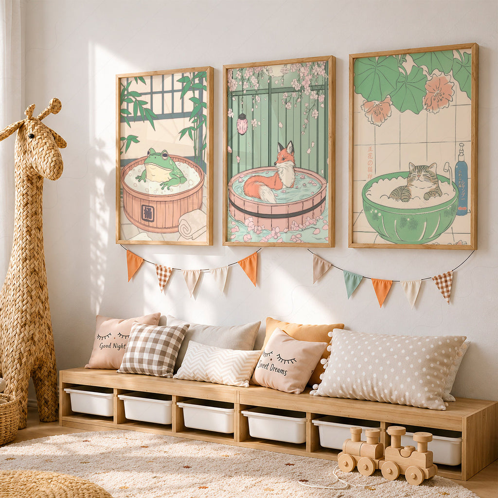 Ensemble d'impressions Animaux au spa japonais – Décor mural chat renard grenouille pour chambre d'enfant
