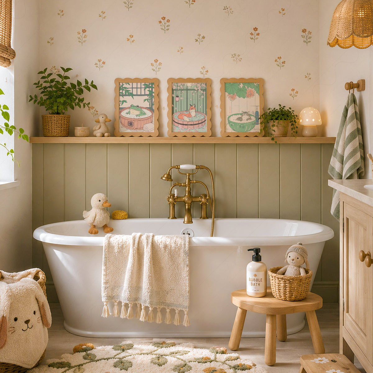 Ensemble d'impressions Animaux au spa japonais – Décor mural chat renard grenouille pour chambre d'enfant