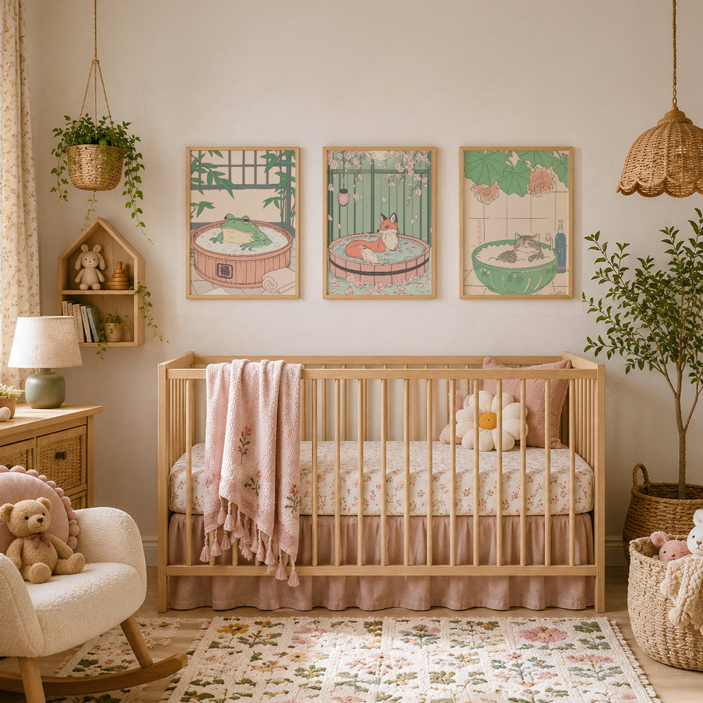 Ensemble d'impressions Animaux au spa japonais – Décor mural chat renard grenouille pour chambre d'enfant
